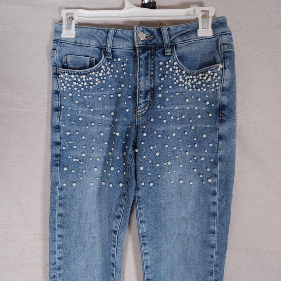 Pilcro Script Womens Faux Pearl Embellished Skinny Jeans Sz 25 Light Wash Glam - Picture 13 of 16